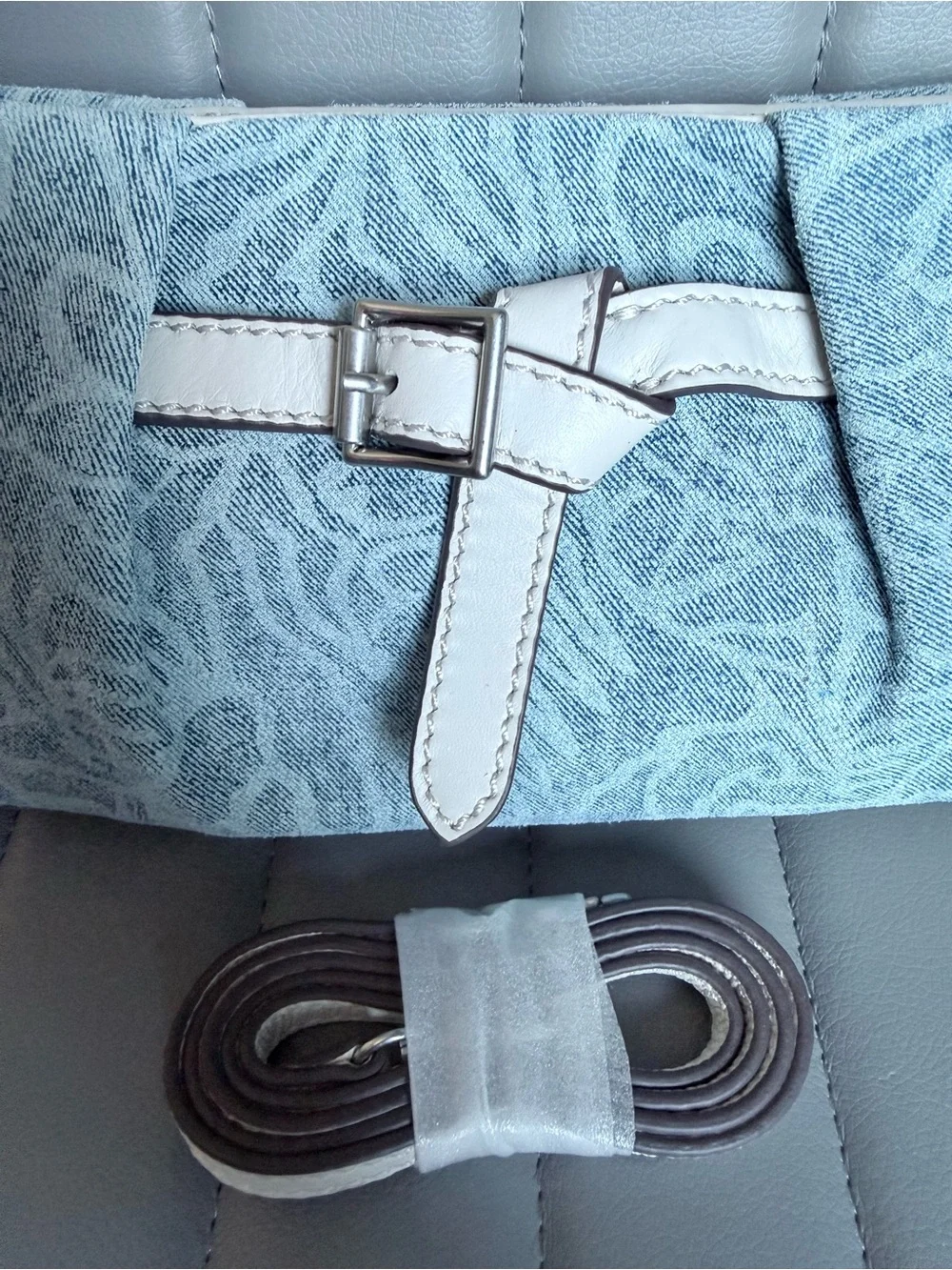 Aimee Kestenberg Houston Belted Clutch Crossbody Denim Looking Genuine Leather